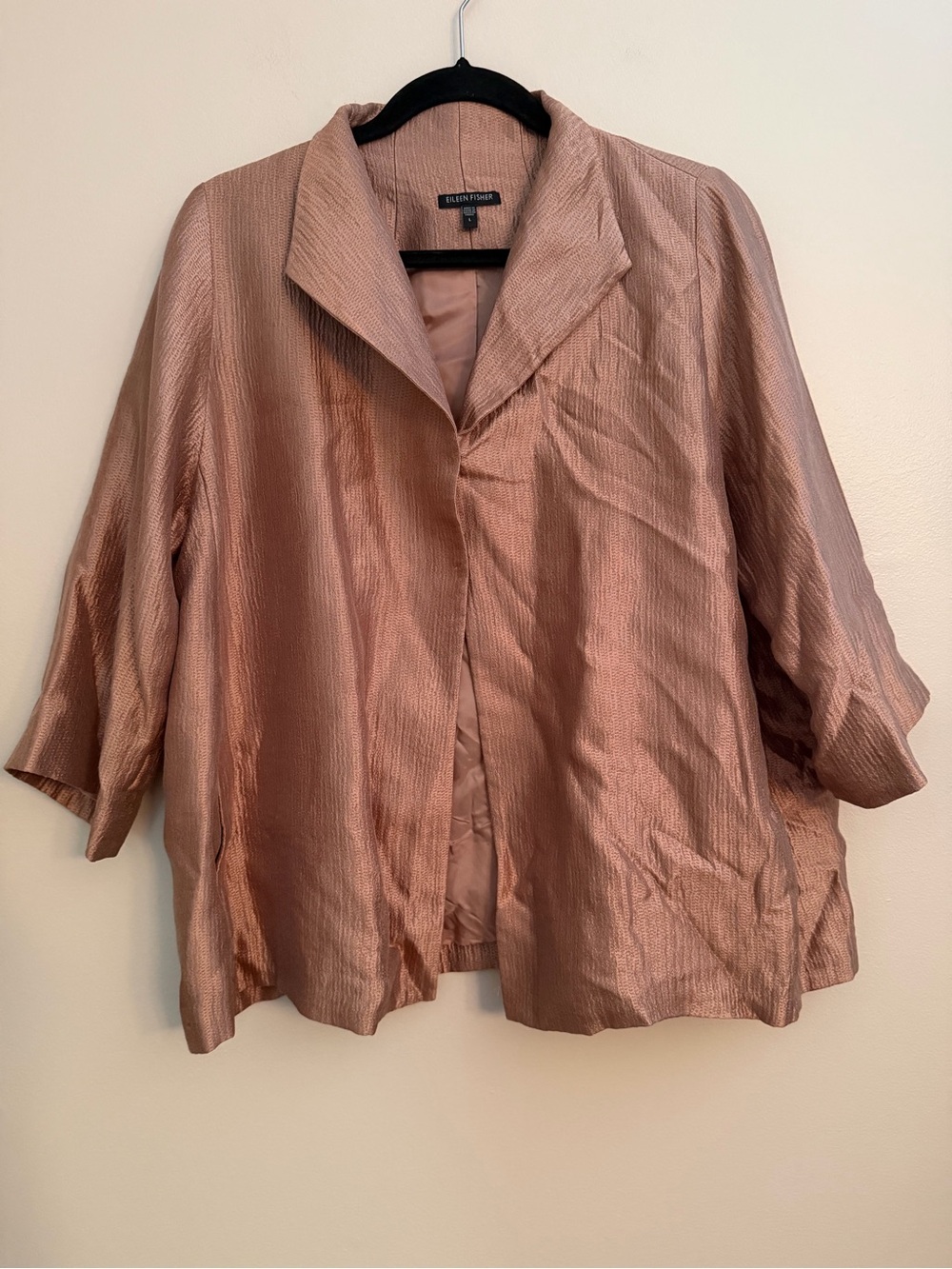 Eileen Fisher 100% Silk Shimmer Jacket Blazer L Rose Gold Pink - Picture 2 of 7